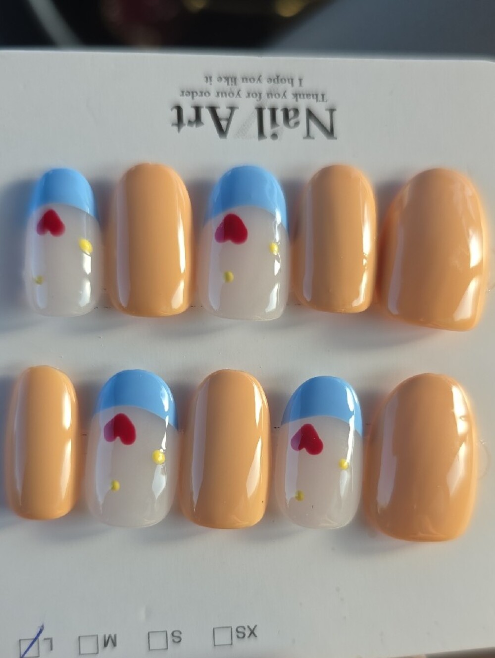 Nail Art Peach & Red Heart Press On Nails Size Large - Picture 3 of 3